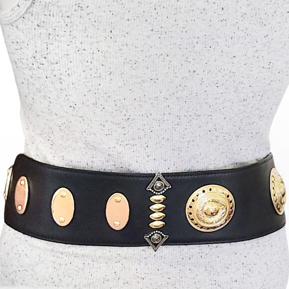DYLAN LEX Romy black leather wide statement high waist medallion charm belt Sz S - Picture 3 of 11